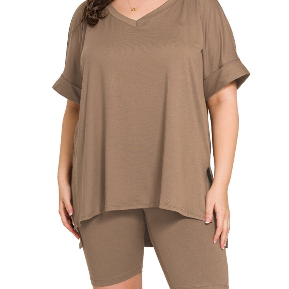 #411 PLUS BRUSHED DTY MICROFIBER V-NECK HI-LOW HEM TOP & BIKER SHORTS SET